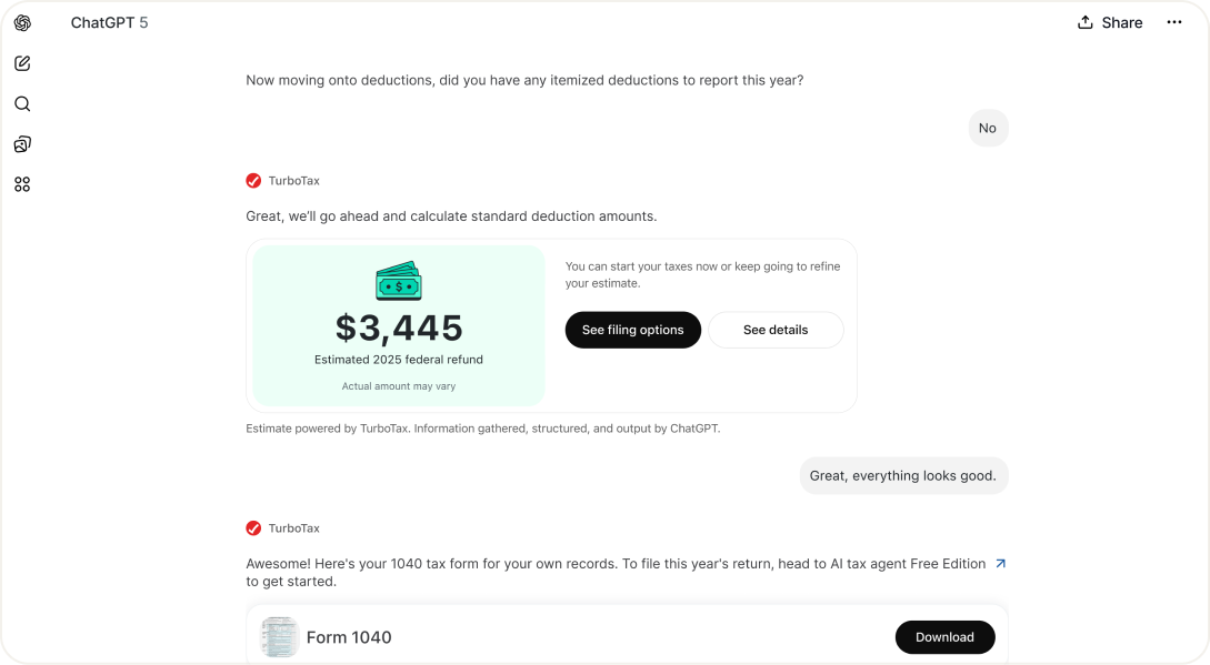 TurboTax in ChatGPT showing an estimated federal refund