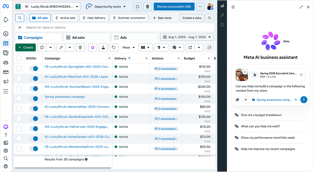 Meta Ads Manager with the Meta AI business assistant building a campaign from an uploaded PDF