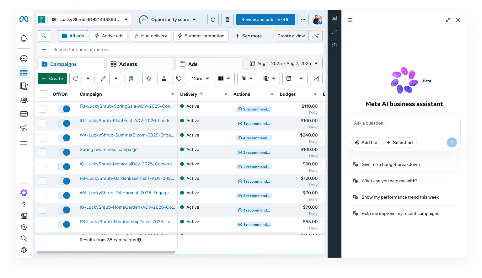 Meta AI business assistant in Ads Manager