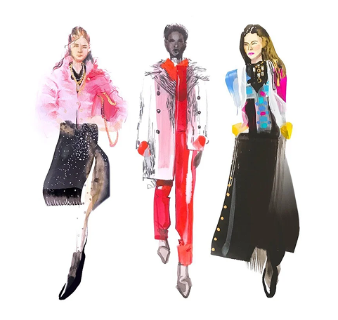 Fashion illustration of three figures