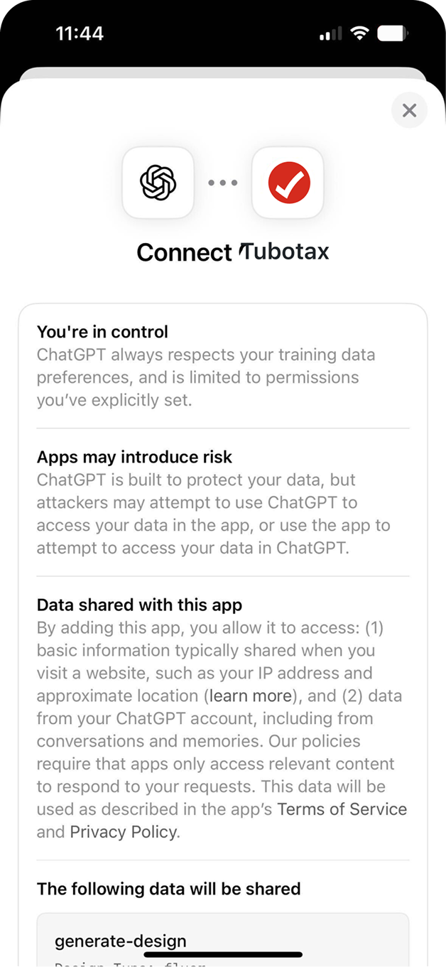 Connect TurboTax permissions sheet in ChatGPT