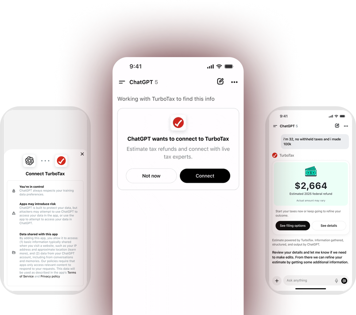ChatGPT asking to connect to TurboTax, between the Connect TurboTax sheet and a refund estimate